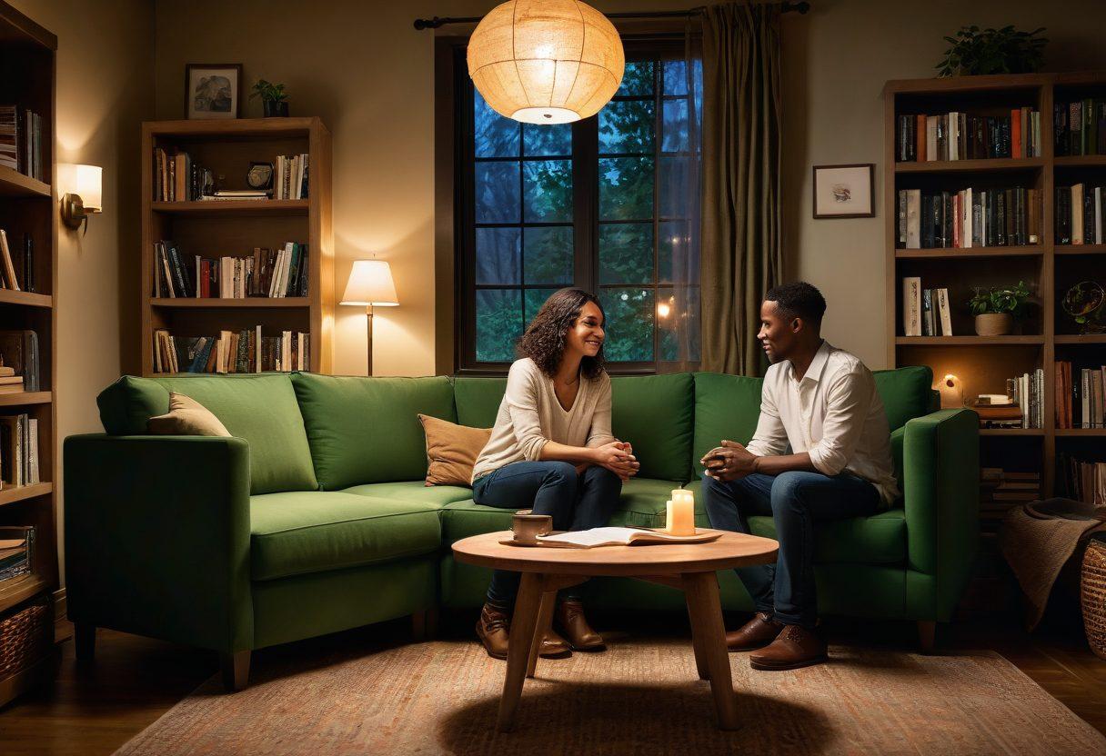 An intimate setting featuring two diverse individuals engaged in a deep conversation, surrounded by soft lighting and warm colors. A subtle heart symbol in the background signifies connection and love, while elements like a cozy coffee table, books, and plants enhance the atmosphere. Include a sense of warmth and openness, reflecting a safe space for adult discussions. super-realistic. warm tones. soft focus.