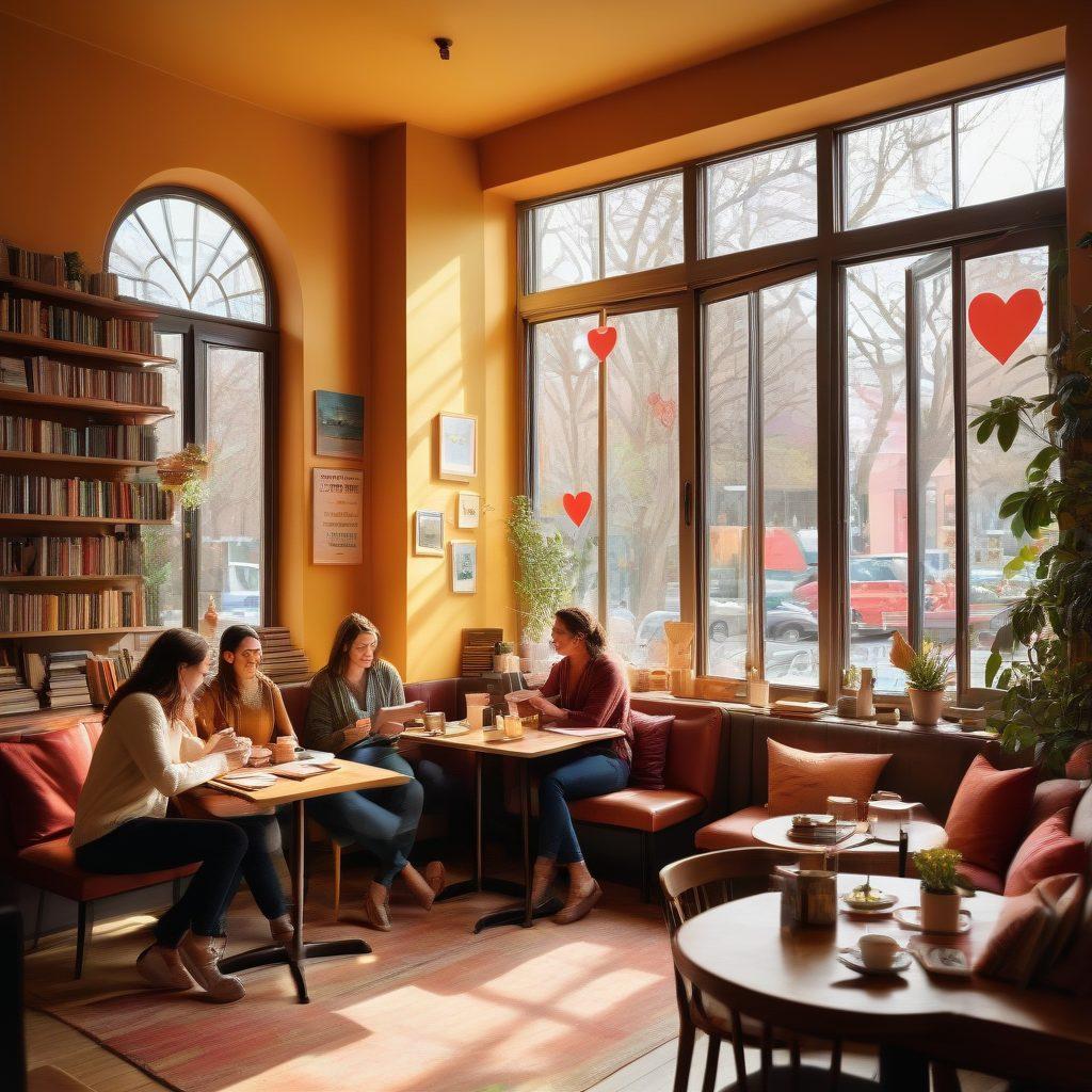 A vibrant scene of a diverse group of adults joyfully writing and discussing their passions in a cozy, stylish café, surrounded by books and art. Soft light filters through large windows, creating an inviting atmosphere. Subtle hints of sexual wellness symbols like hearts and wellness items are incorporated in the décor. The energy is empowering and creative, showcasing openness and acceptance. warm colors. modern illustration.