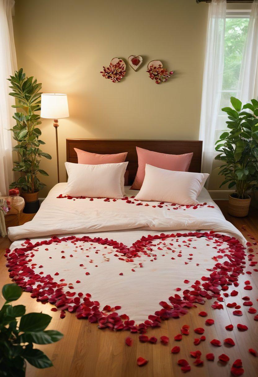 A serene bedroom scene featuring a diverse couple engaged in a meaningful conversation, surrounded by soft, warm lighting and soothing decor. Include symbolic elements like a heart-shaped pillow and scattered rose petals to represent love and intimacy. A subtle background of plants enhances the sense of tranquility and connection. super-realistic. warm colors. soft lighting.